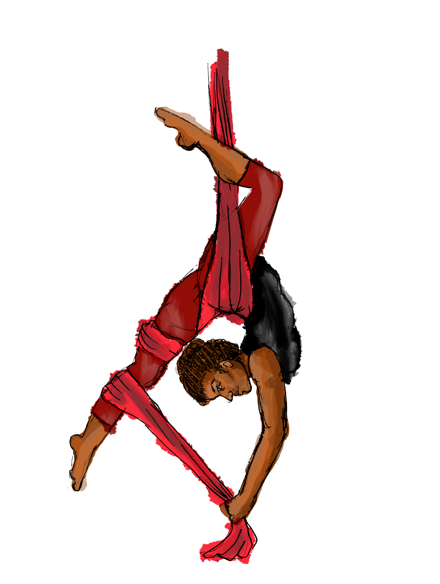 Illustration of aerialist global majority dancer hanging from red silks