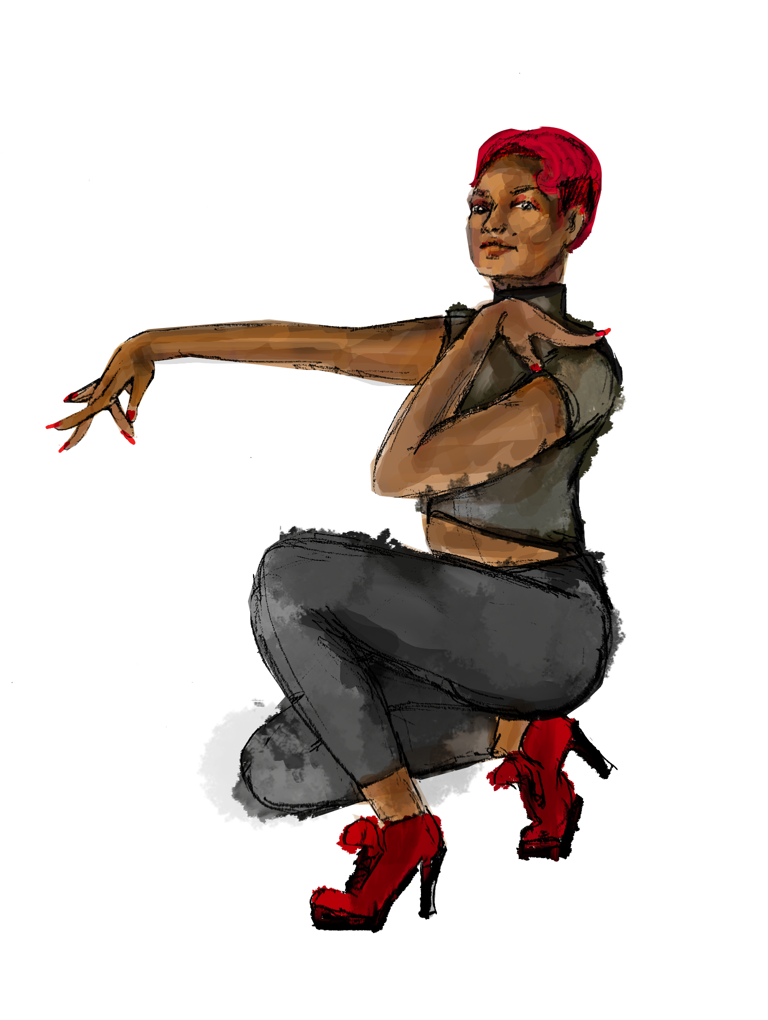 Illustion of red hair LGBTQ+ voguer wearing heals