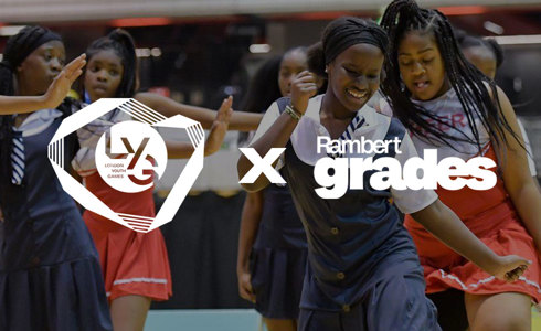 Image of young global majority dancers dancing behind a logo that says london youth games x rambert grades