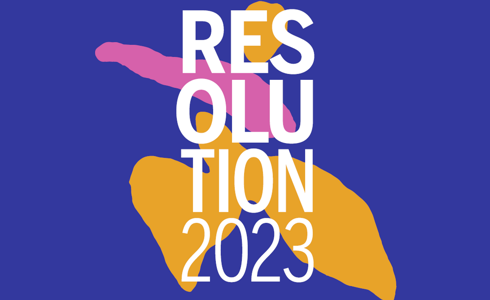 logo of Resolution 2023 blue with yellow and pink abstract marks behind