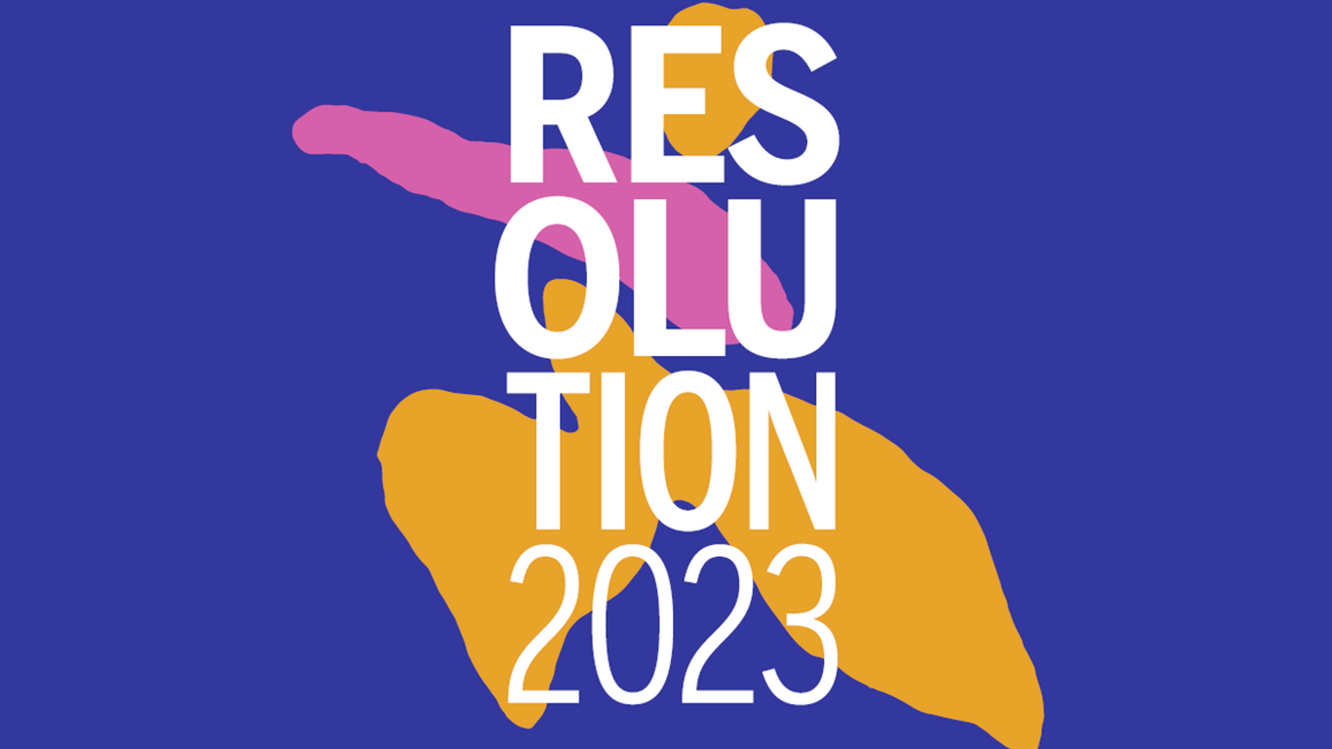 logo of Resolution 2023 blue with yellow and pink abstract marks behind