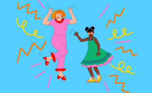 two female dancing illustrations on blue background